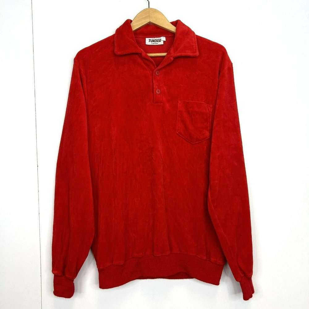 Vintage TUNDRA Long Sleeve Velvet Velour Pullover Long Sleeve Red Mens Large